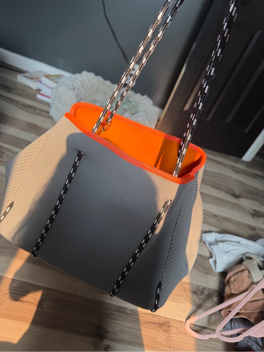 Gray and Orange Neoprene Tote Bag with Rope Handles